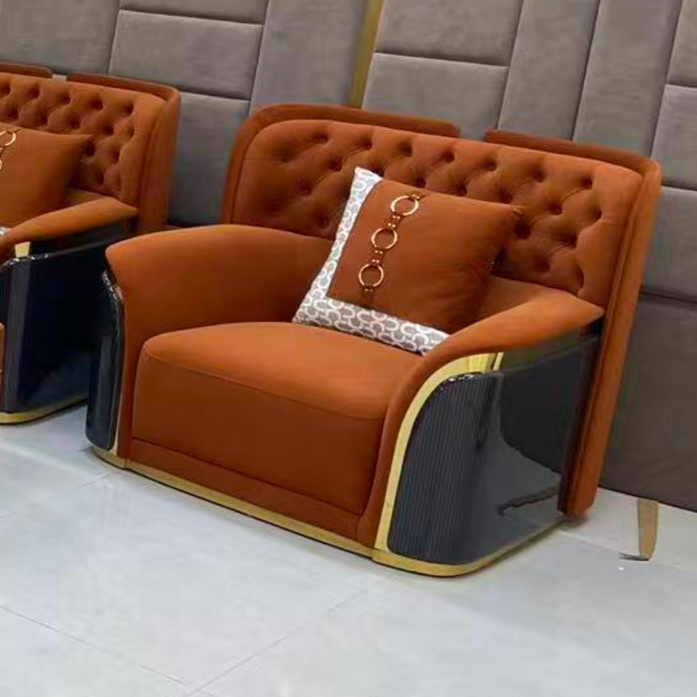 Modern living room with brown leather furniture and decorative pillows.