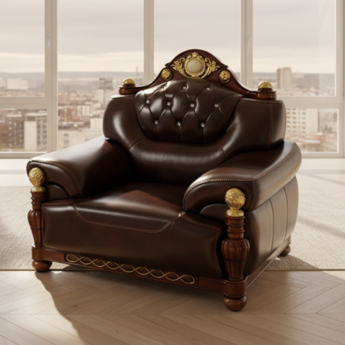 Brown leather armchair in a room with large windows and a plant.