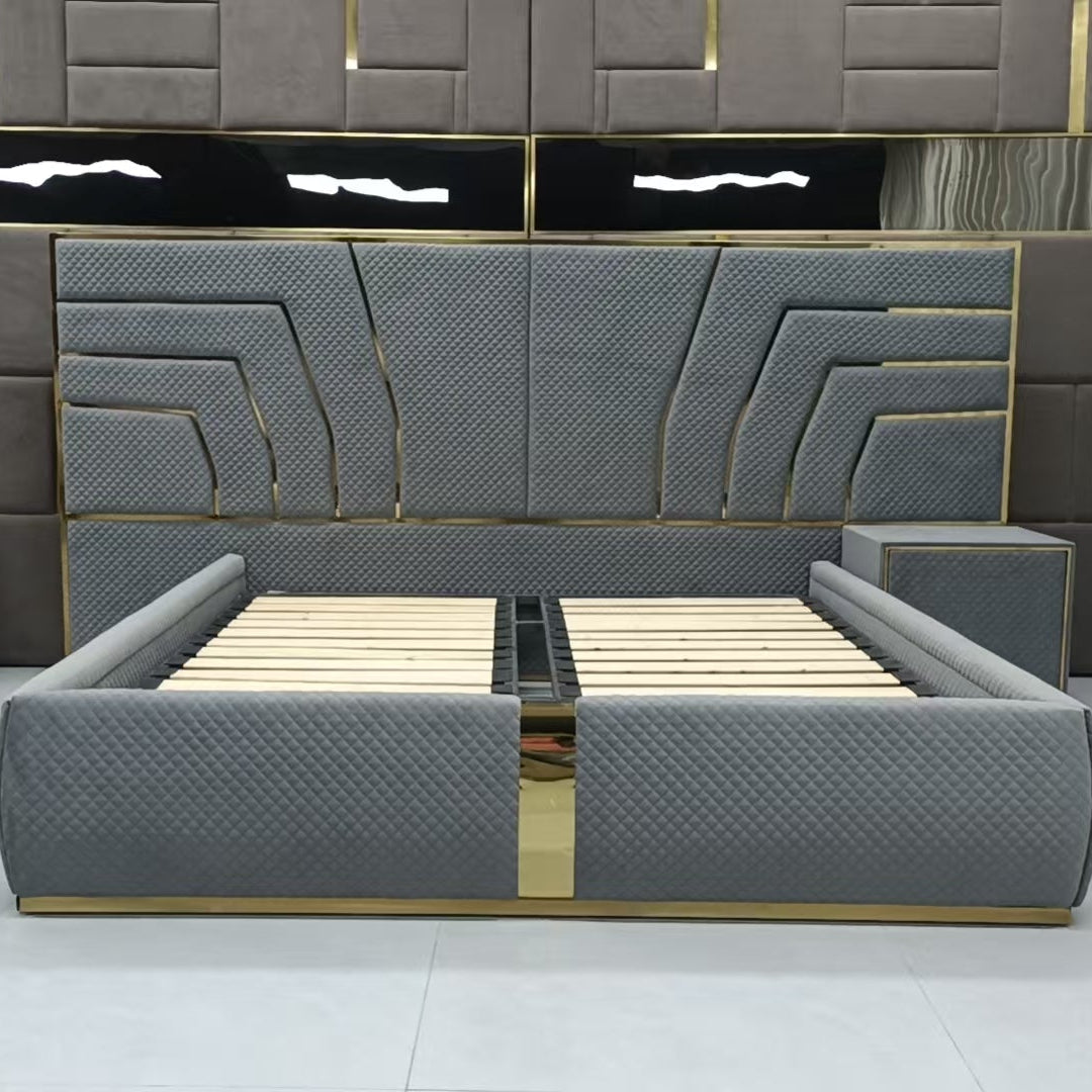 Modern gray bed with geometric design in a stylish bedroom setting