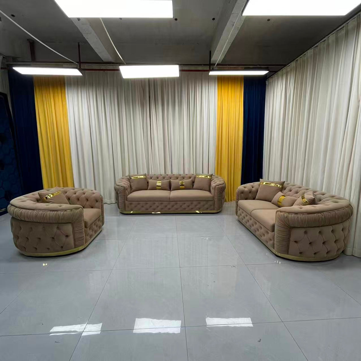 Nelly Velvet Sofa set (Biege-Brown)