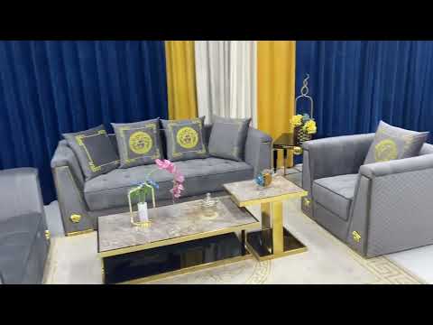Grey Holland Velvet Sofa/Couch set in 3-seater, 2-seater and 1-seater with Golden Trim and plenty of Cushions