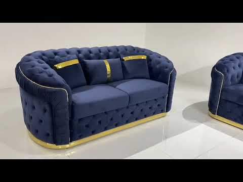 Luxury, Stylish and Comfortable Sofas / Couches in Blue Holland Velvet Material with Golden trims