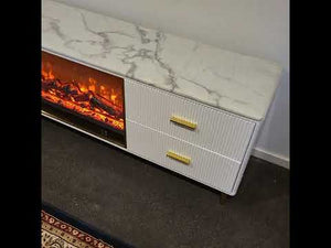 Classy Modern White MDF Material with Bronze Stainless Steel Frame and Black White Marble TV Cabinet with a Fireplace Reflector and a Remote
