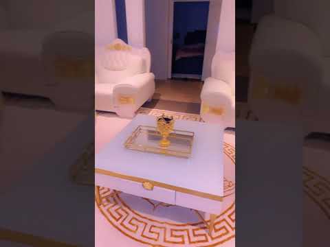 Classy Real / Genuine Leather Sofas / Couches in White with 24 karat Gold Trims and Modern Wood finish