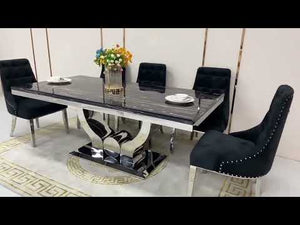 RBM Classic Home Online Furniture Store / Shop With Cheap / Discounted Prices. Luxurious and Stylish U-Shaped Marble Dining table with Modern Classy Black Velvet Dining Room Chairs in Silver Stainless Steel Frame.