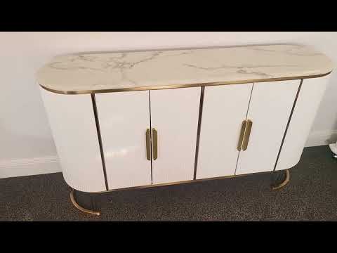 Modern Buffet Cabinet in Bronze Storage Dining Room Buffet Cabinet with 4 shelves in White MDF and Gold Frame