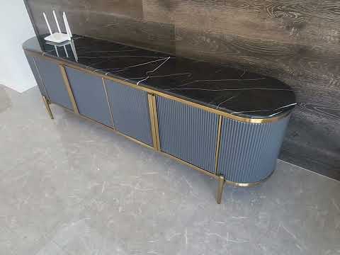 Modern Black / Grey MDF Material TV Stand and Coffee Table with Blackish Marble Top and Bronze Stainless Steel Frame