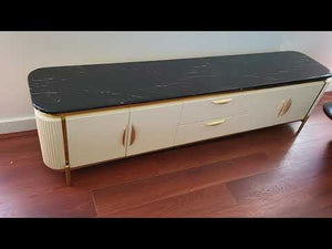 Cream MDF Coffee Table and Black Marble top with 2 Shelves and 2 Drawers for Plenty of Storage, in Golden Stainless Steel Frame
