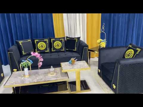 Explore our Furniture In Melton Showroon. Classy Black Holland Velvet Sofa set of 7 with Golden Trim Edges and Versace Design at RBM Classic Home