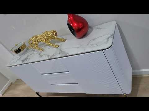 Classy and Modern White MDF Buffet Cabinet is Timeless, Versatile and Stylish with Gold Stainless Steel Frame, Two Shelves and 3 Drawers for Plenty of Storage