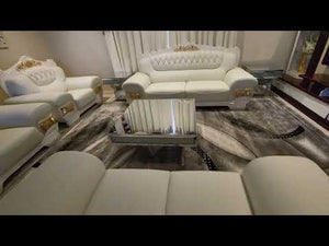 Real / Genuine Leather Sofas / Couches in White with 24 karat Gold Trims and Modern Wood finish