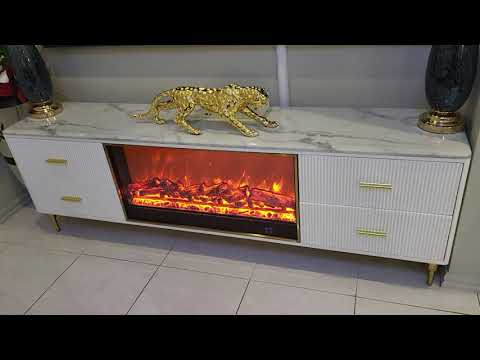 RBM Classic Home Online Furniture Store / Shop With Cheap / Discounted Prices. Classy Modern White MDF Material with Bronze Stainless Steel Frame and Black White Marble TV Cabinet/Unit/Stand with a Fireplace Reflector and a Remote