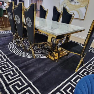 Modern Marble Dining Table with 8 Versace Dining Room Chairs in Gold Stainless Steel frame