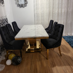 RBM Classic Home Online Furniture Store / Shop With Cheap / Discounted Prices. Luxurious and Stylish U-Shaped Marble Dining table with Gold Modern Black Velvet Dining Room Chairs in Gold Stainless Steel Frame.