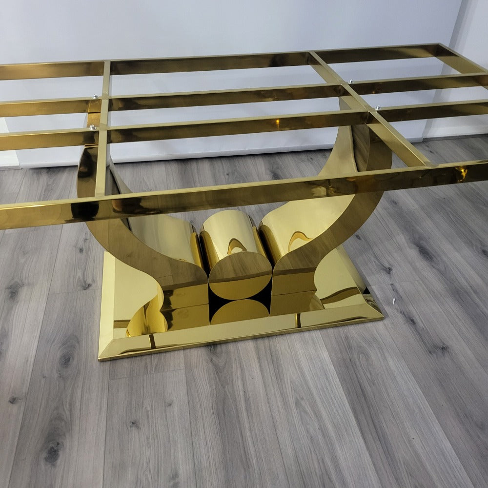 RBM Classic Home Online Furniture Store / Shop With Cheap / Discounted Prices. Luxurious and Stylish U-Shaped Marble Dining table with Gold GG and Versace Classy Black Velvet Dining Room Chairs in Gold Stainless Steel Frame.