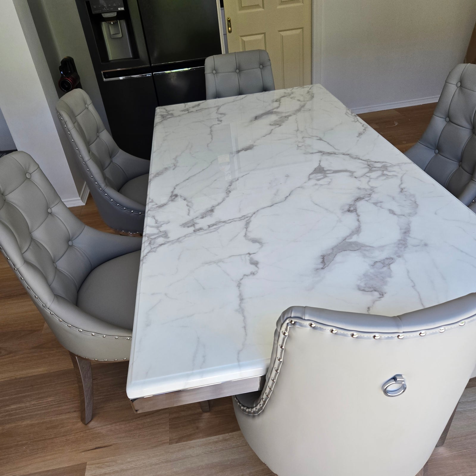 L180cm U-Shaped Marble Dining Table with Six Chairs