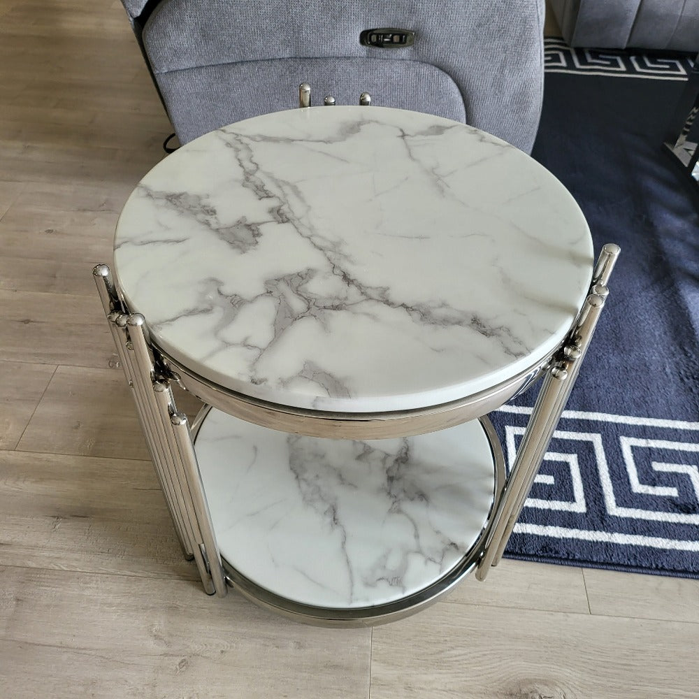 Elegant Marble Top End Table with Silver Stainless Steel Frame