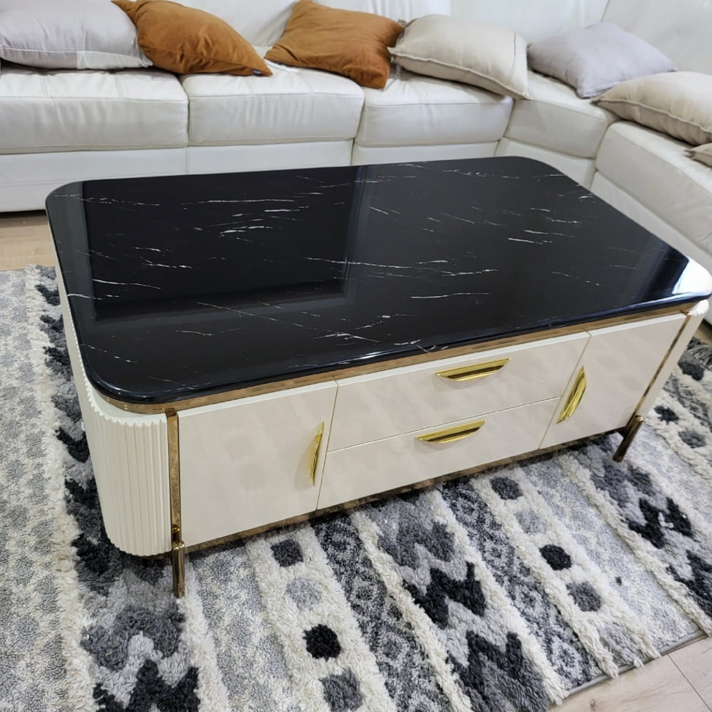 Modern and Classy Cream MDF Coffee Table with Black Marble top and Gold Stainless Steel Frame