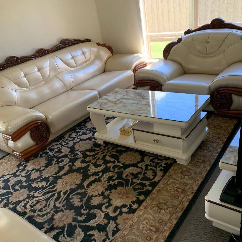 Modern Luxurious, Comfortable and Stylish Sofas / Couches in Cream Microfibre Leather and Brown Solid Wood Material