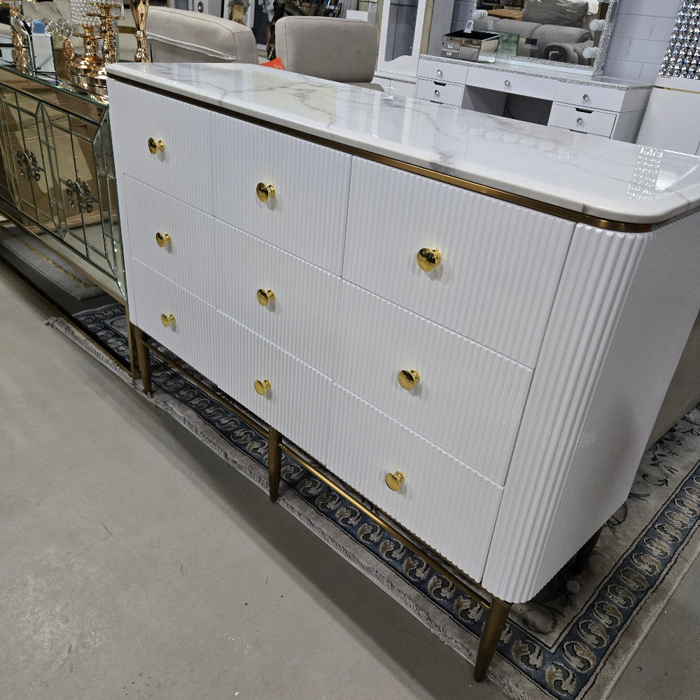 Modern White Dining Buffet Cabinet with 9 Drawers for Plenty of Storage and Gold Stainless Steel Frame