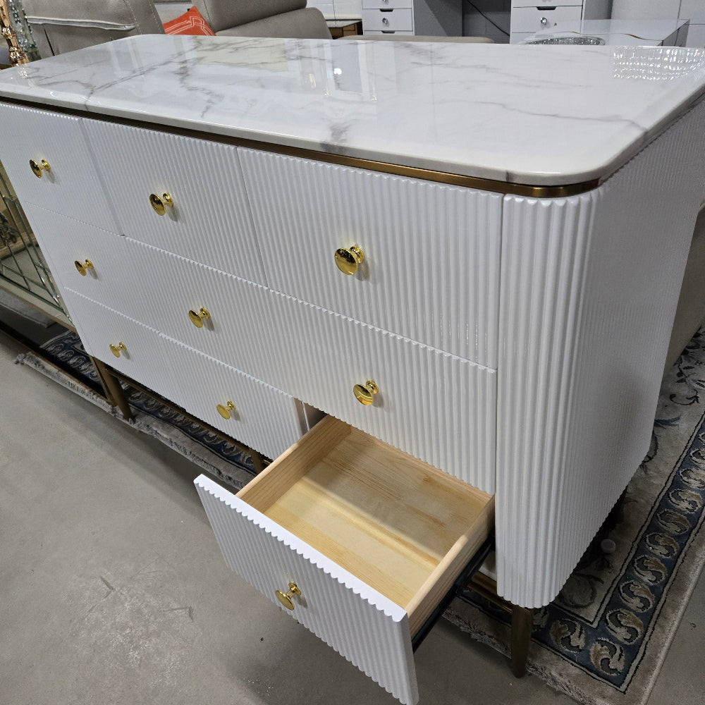 White Dining Buffet Cabinet with 9 Drawers for Plenty of Storage and Gold Stainless Steel Frame