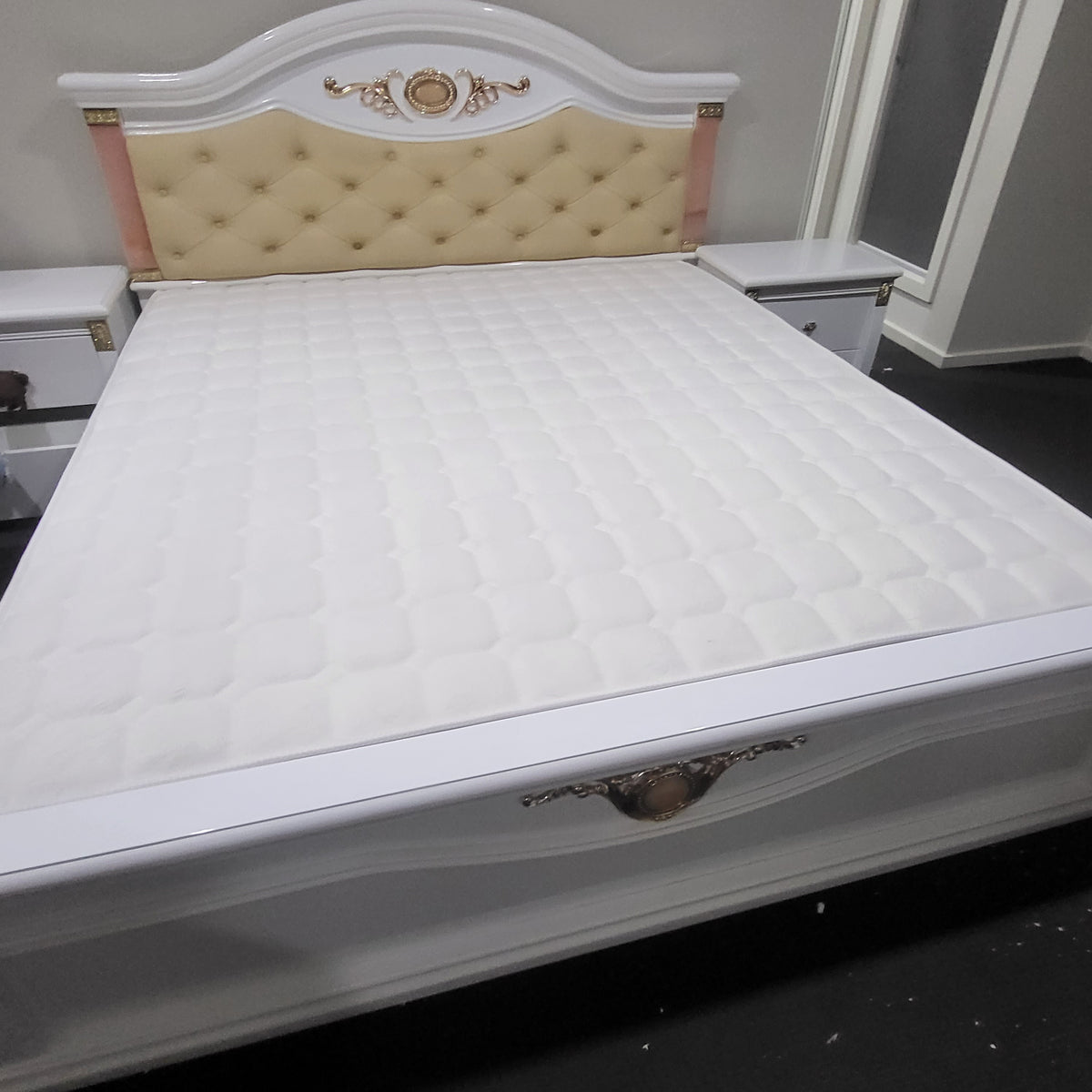 Bedroom Suite in White MDF Frame with Cream Leather.