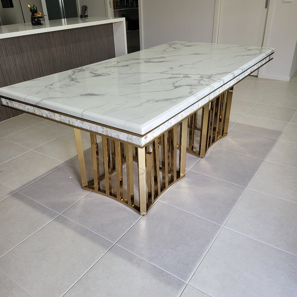White Grey Marble Dining Table With Silver Stainless Steel Frame