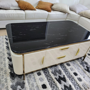 Modern Cream MDF Coffee Table with Black Marble top and Gold Stainless Steel Frame