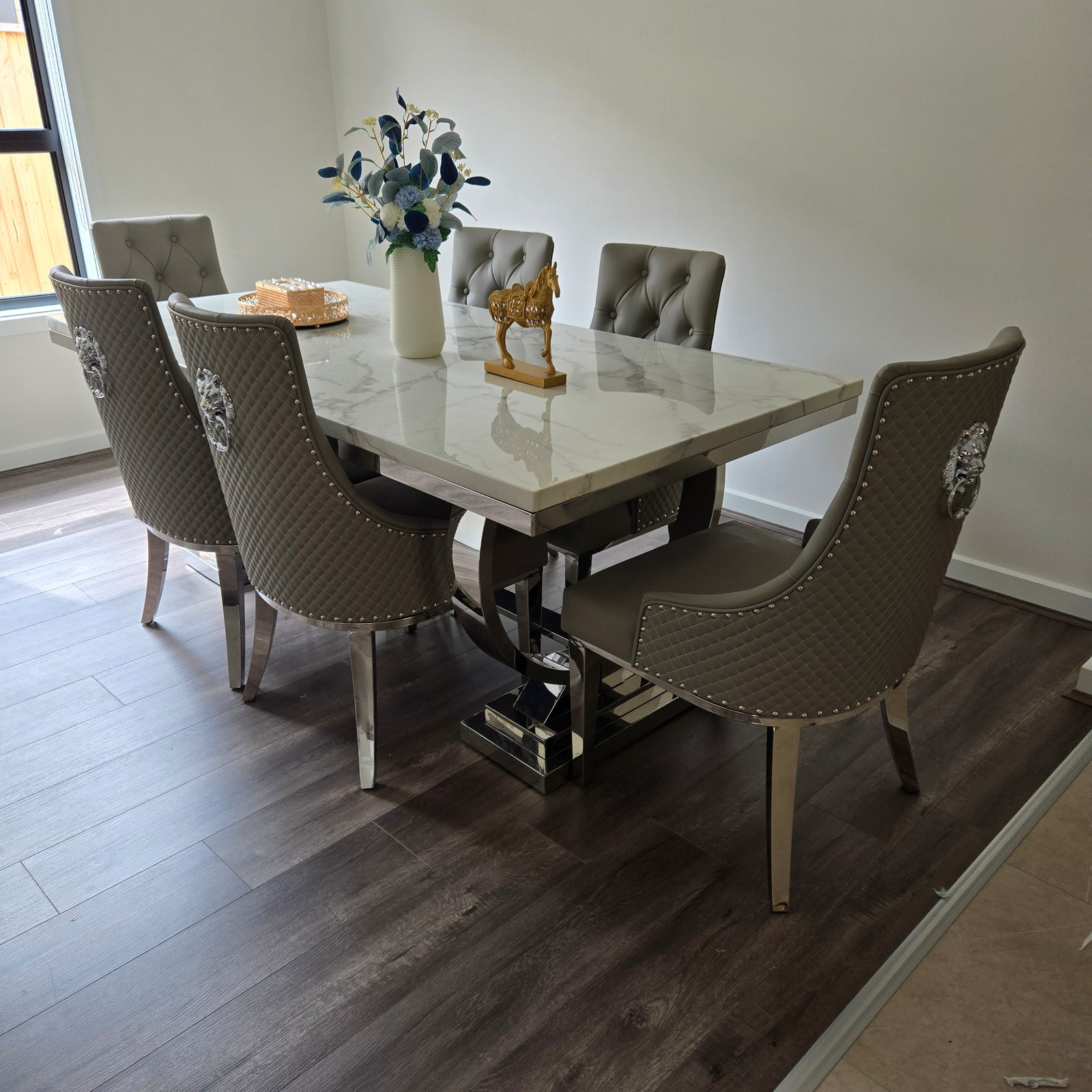 Classic Marble-Top Dining Table with six chairs