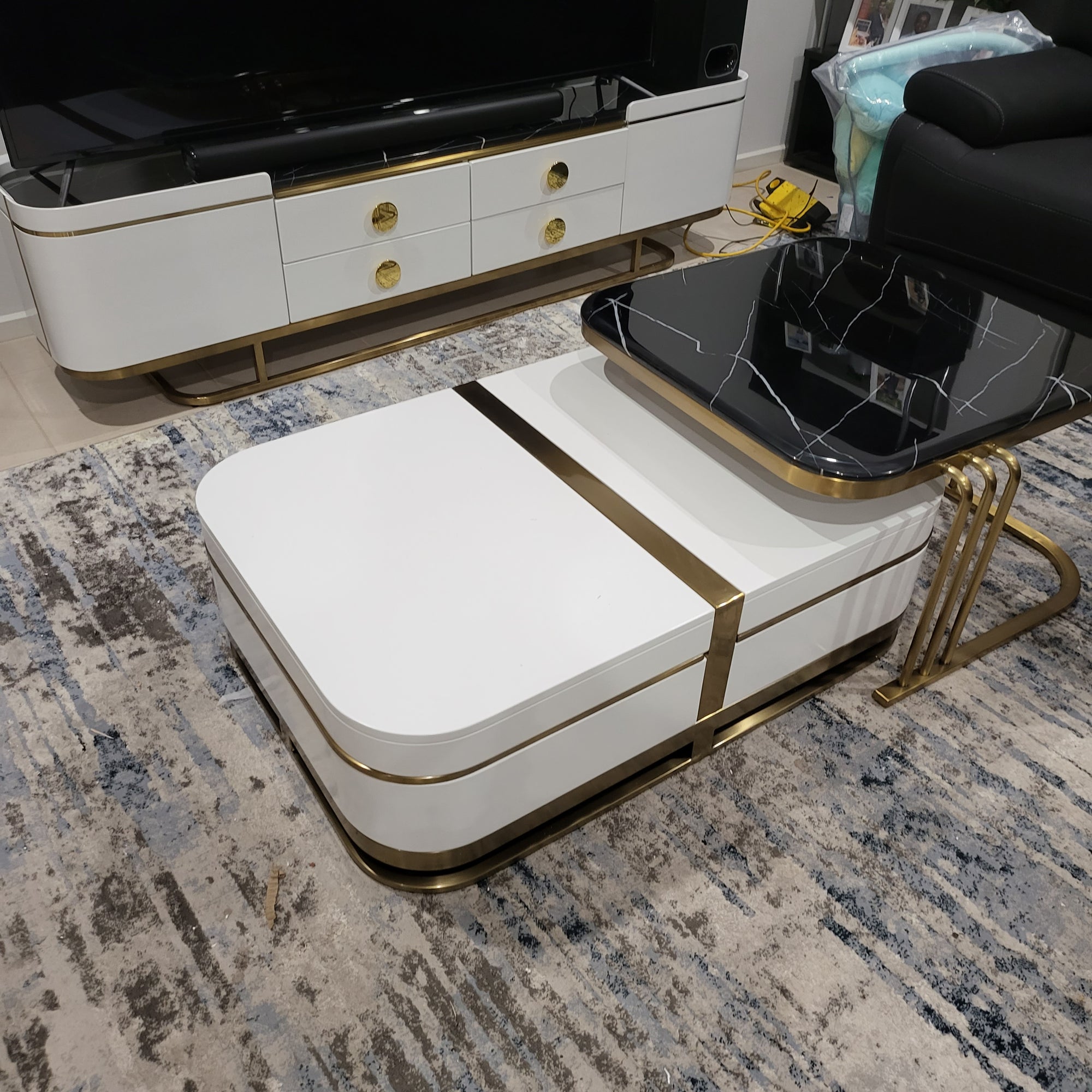 White MDF TV Stand and Nested Coffee Table with Black Marble