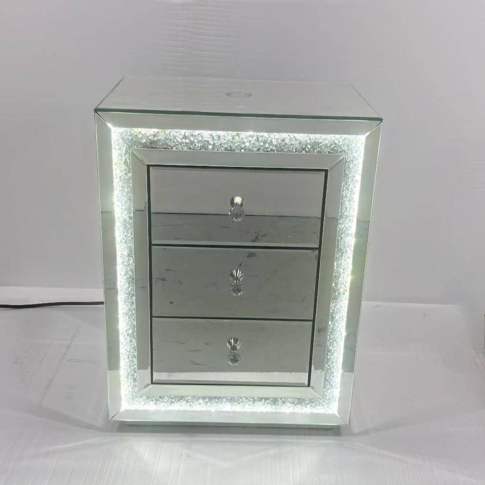 Stunning Diamond Crushed Bedside Table with 3 Drawers and LED Lights for a Stunning Looks with a Charging Port