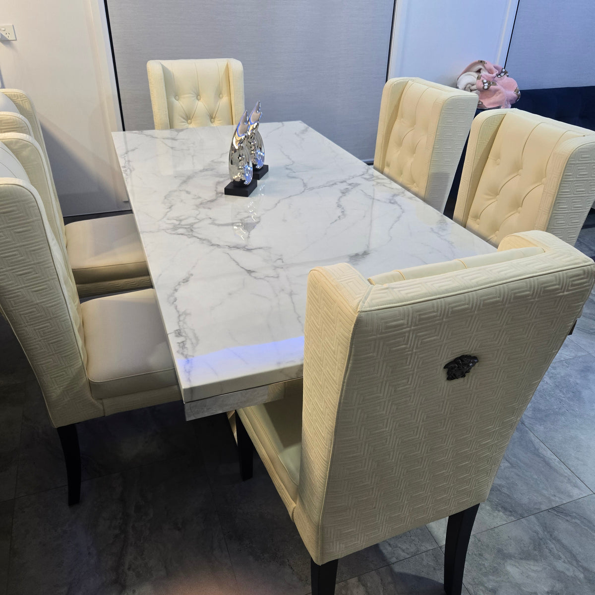 Classic Marble-Top Dining Table with six chairs