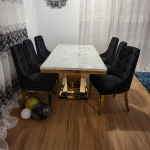 RBM Classic Home Online Furniture Store / Shop With Cheap / Discounted Prices. Luxurious and Stylish U-Shaped Marble Dining table with Gold Classy Black Velvet Dining Room Chairs in Gold Stainless Steel Frame.
