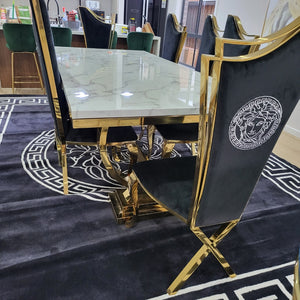 Modern Marble Dining Table with 8 Black Velvet Versace Dining Room Chairs in Gold Stainless Steel frame