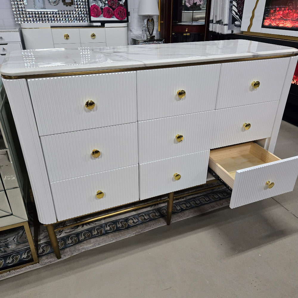Stunning White Dining Buffet Cabinet with 9 Drawers for Plenty of Storage and Gold Stainless Steel Frame