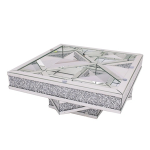 Modern and Classy Silver Mirrored Glass Square Coffee Table with Diamond-Crushed Glass