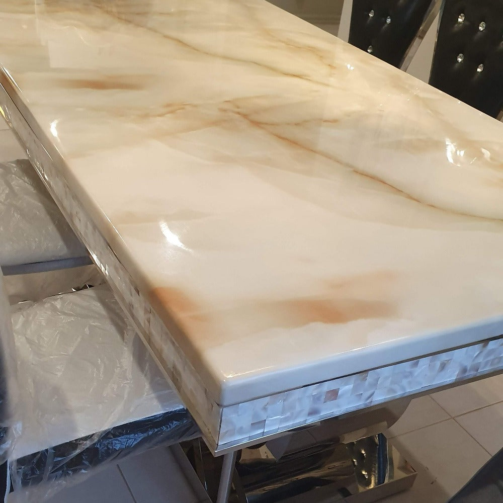 Luxurious and Stylish Elegant Marble Dining table with 6 Gold Adrian Dining Room Chairs in Silver / Gold Stainless Steel Frame