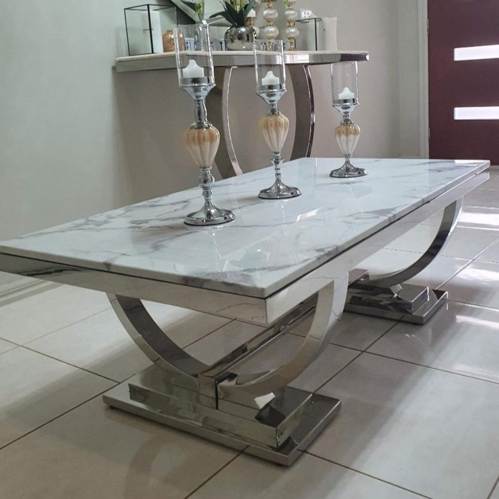 Modern Coffee Table with Black Grey Marble Top and Silver Stainless Steel Frame