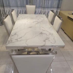 RBM Classic Home Online Furniture with White Grey Marble Dining Table and 6 Stainless Steel Chairs