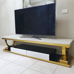 Marble TV Unit with Gold Stainless Steel frame and 2 Drawers