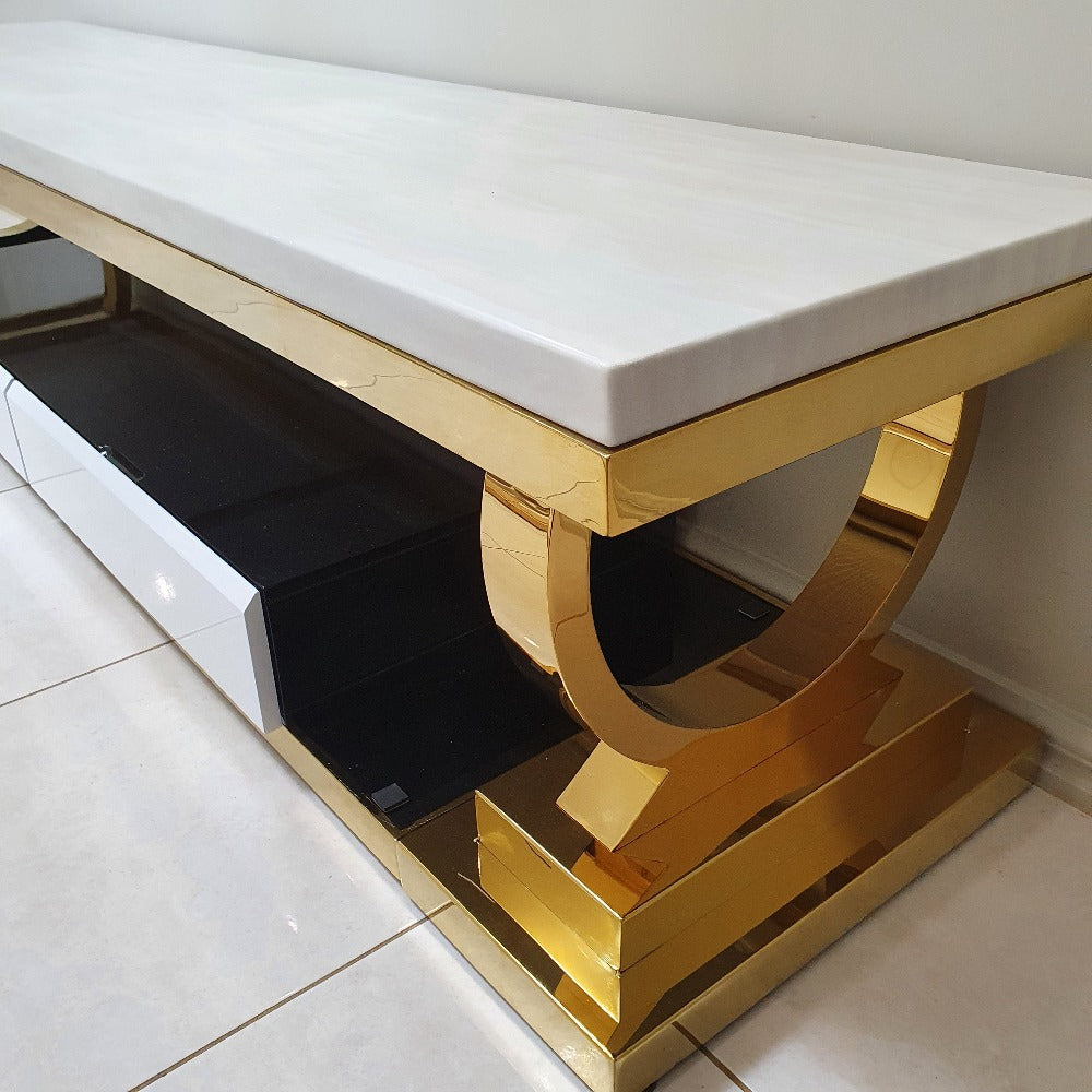 RBM Classic Home Furniture with Classic Cream Modern Marble TV Stand with 2 Drawers in Gold Stainless Steel frame