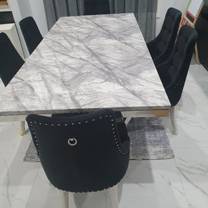 Classy Marble Dining Table with Black Velvet Chairs in Silver Stainless steel frame