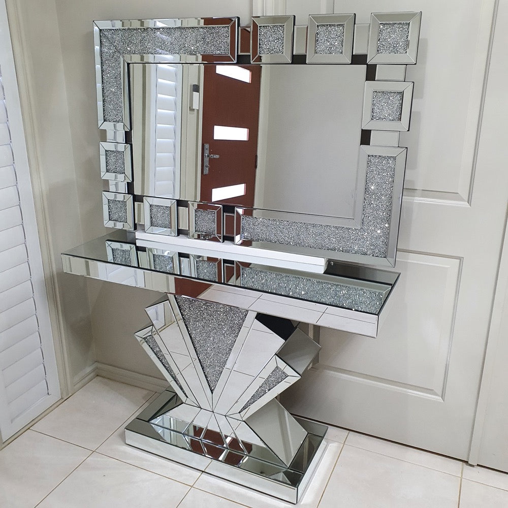 Classy Modern T-Shaped Luxury and Stylish Glass Mirror Console Table and Mirror in Silver with Crushed Diamond Glass