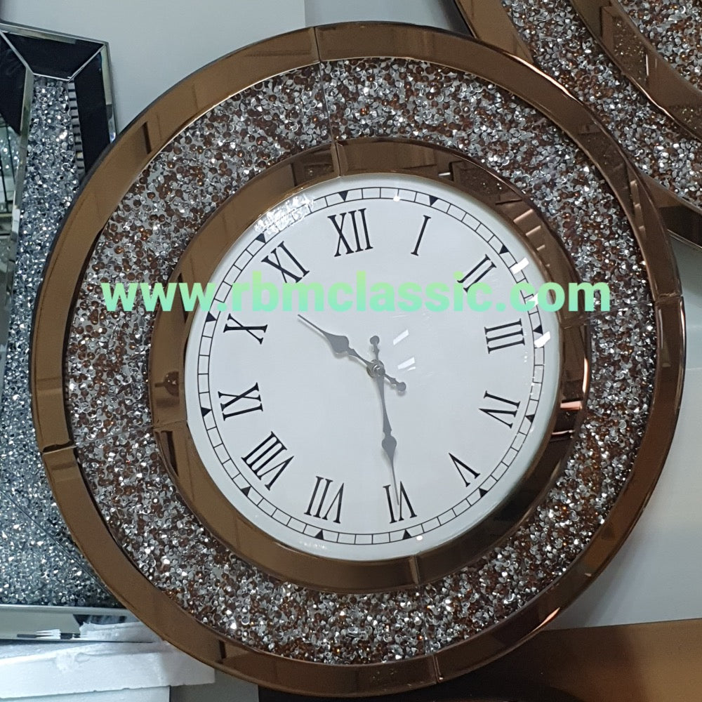 Diamond Crushed Glass Mirrored Silent Wall Clock in Rose Gold