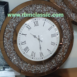Diamond Crushed Glass Mirrored Silent Wall Clock in Rose Gold