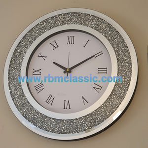 Circle Diamond Crushed Glass Mirrored Silent Wall Clock in Silver