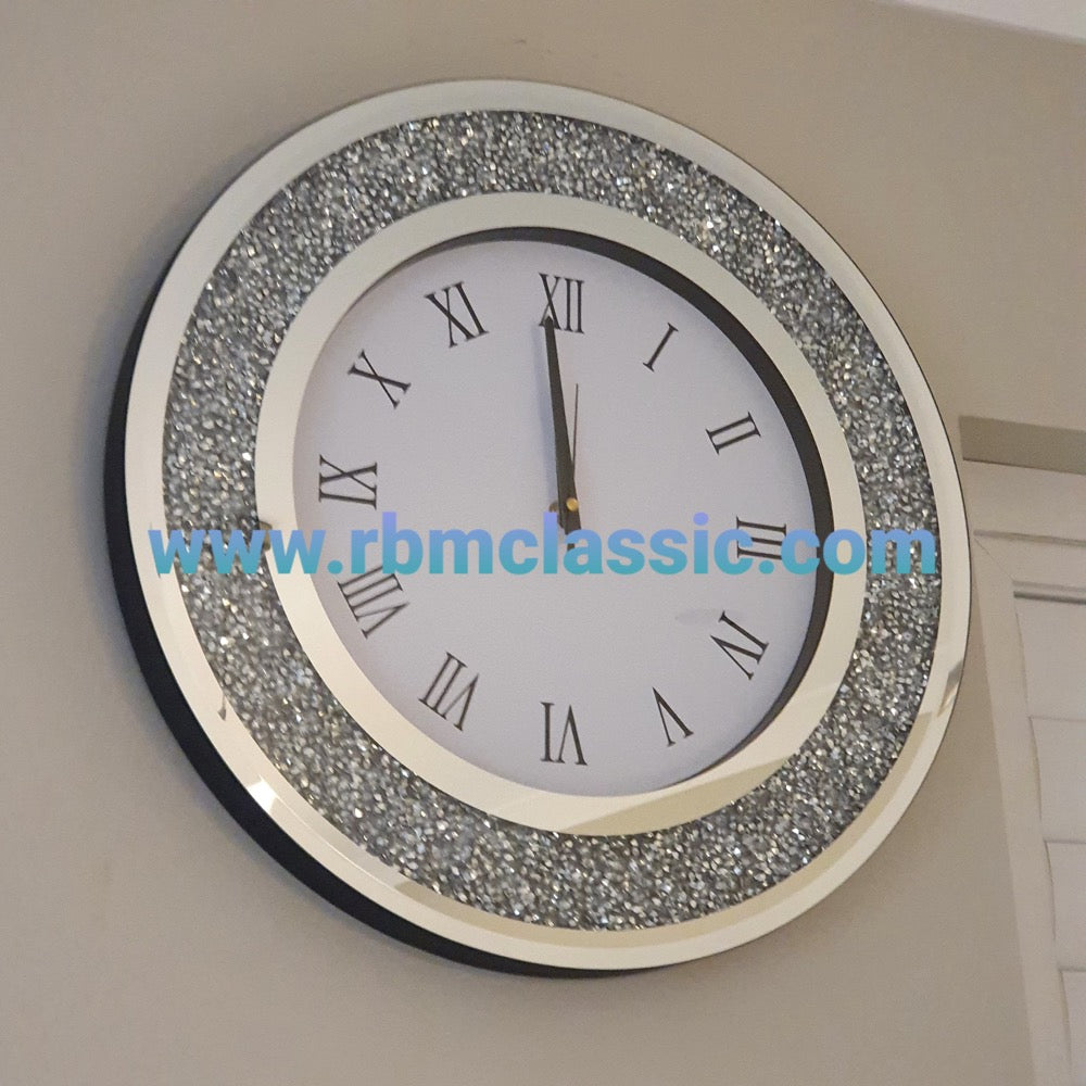 Diamond Crushed Glass Mirrored Silent Wall Clock in Silver