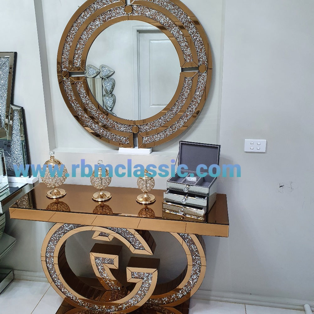 Diamond Crushed GG Mirrored Console Table and Mirror in Rose Gold