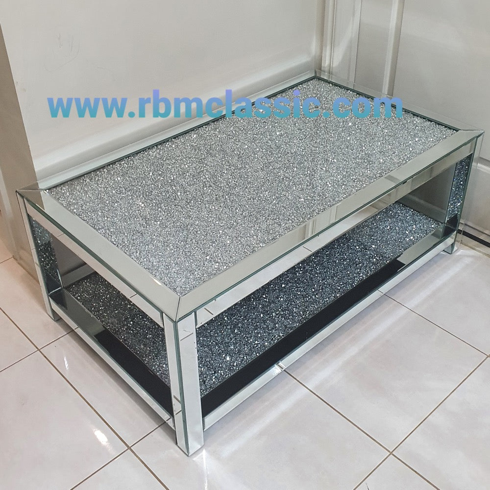 Sparkling Mirrored Glass Coffee Table with Diamond Crushed Glass