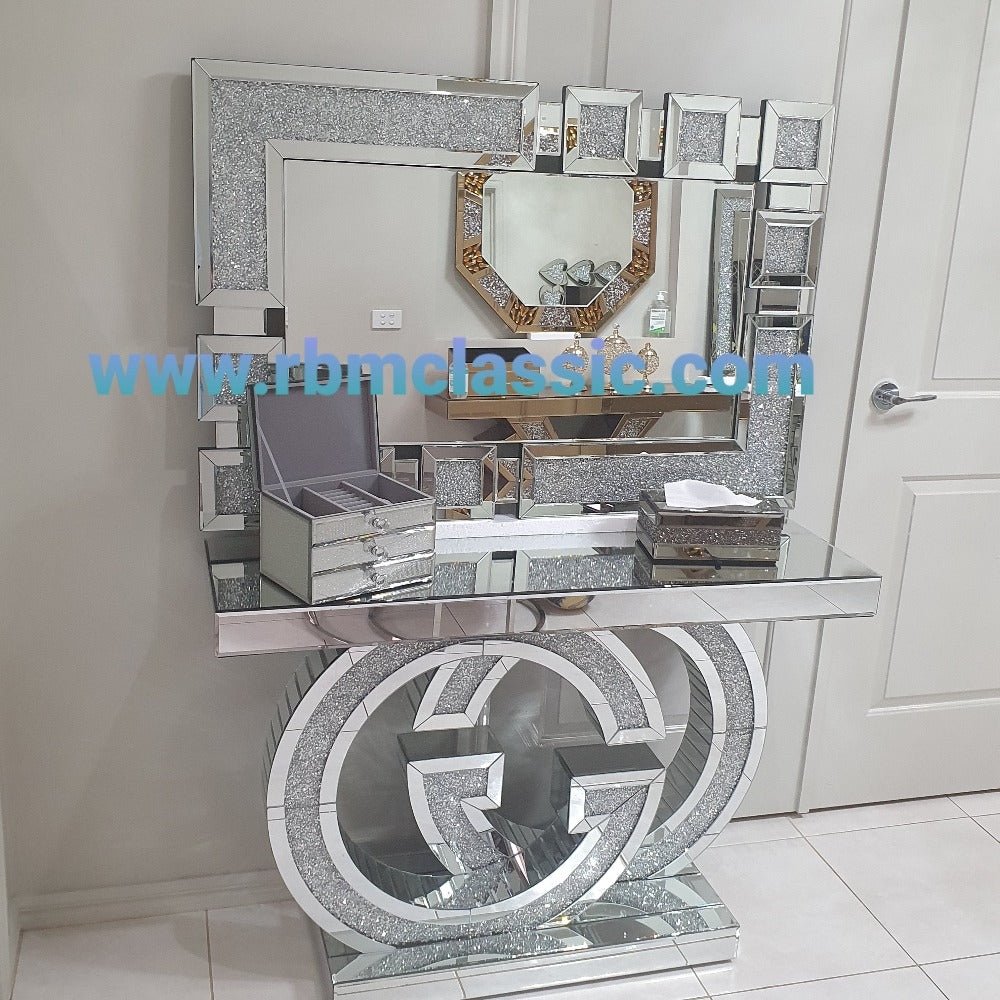 RBM Classic Home Online Furniture Store. Diamond Crushed Mirrored Glass GG Style Hallway Console Table and Mirror set in Silver Colour